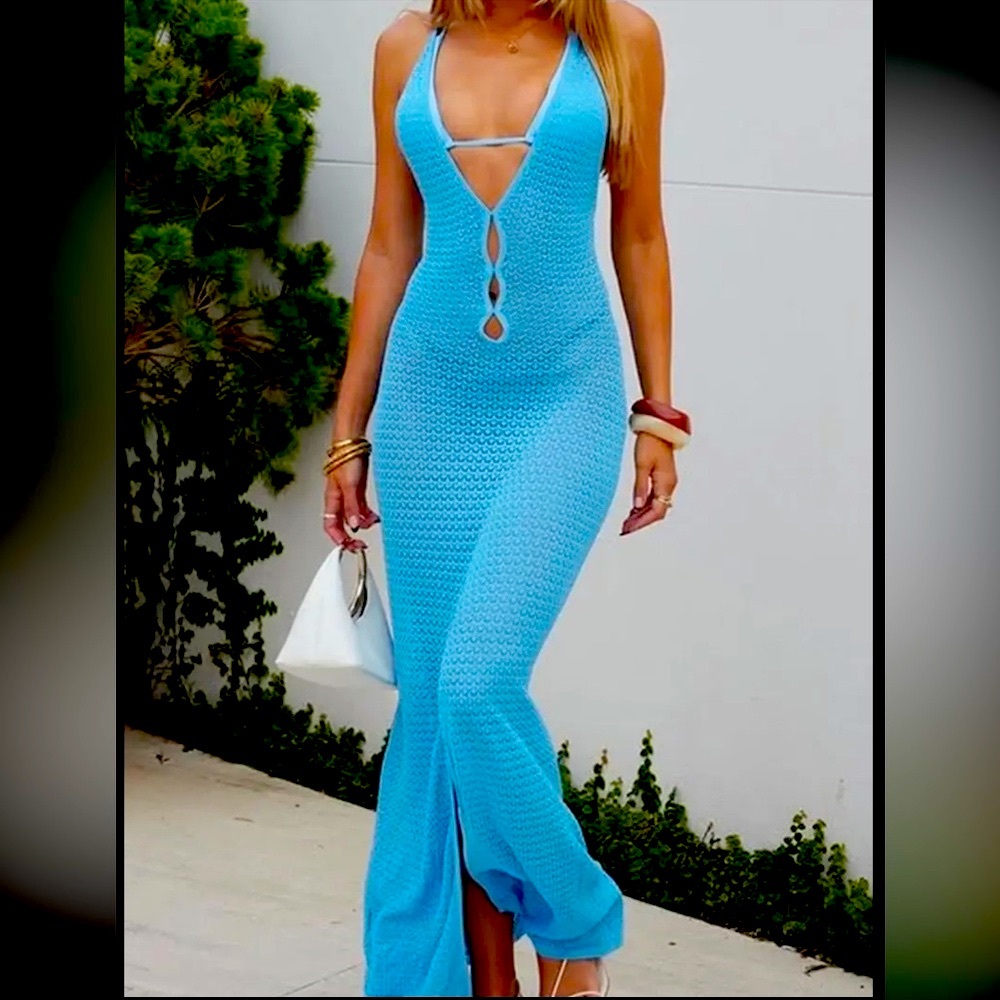 NEW Stunning CB Cutout Blue Knit HighLeg Slit Backless V-Neck Maxi Coverup Dress